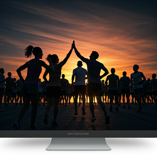Community runners high-fiving against a sunset sky