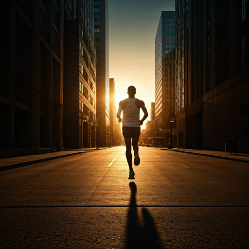 High-intensity runner sprinting through an urban street at golden hour